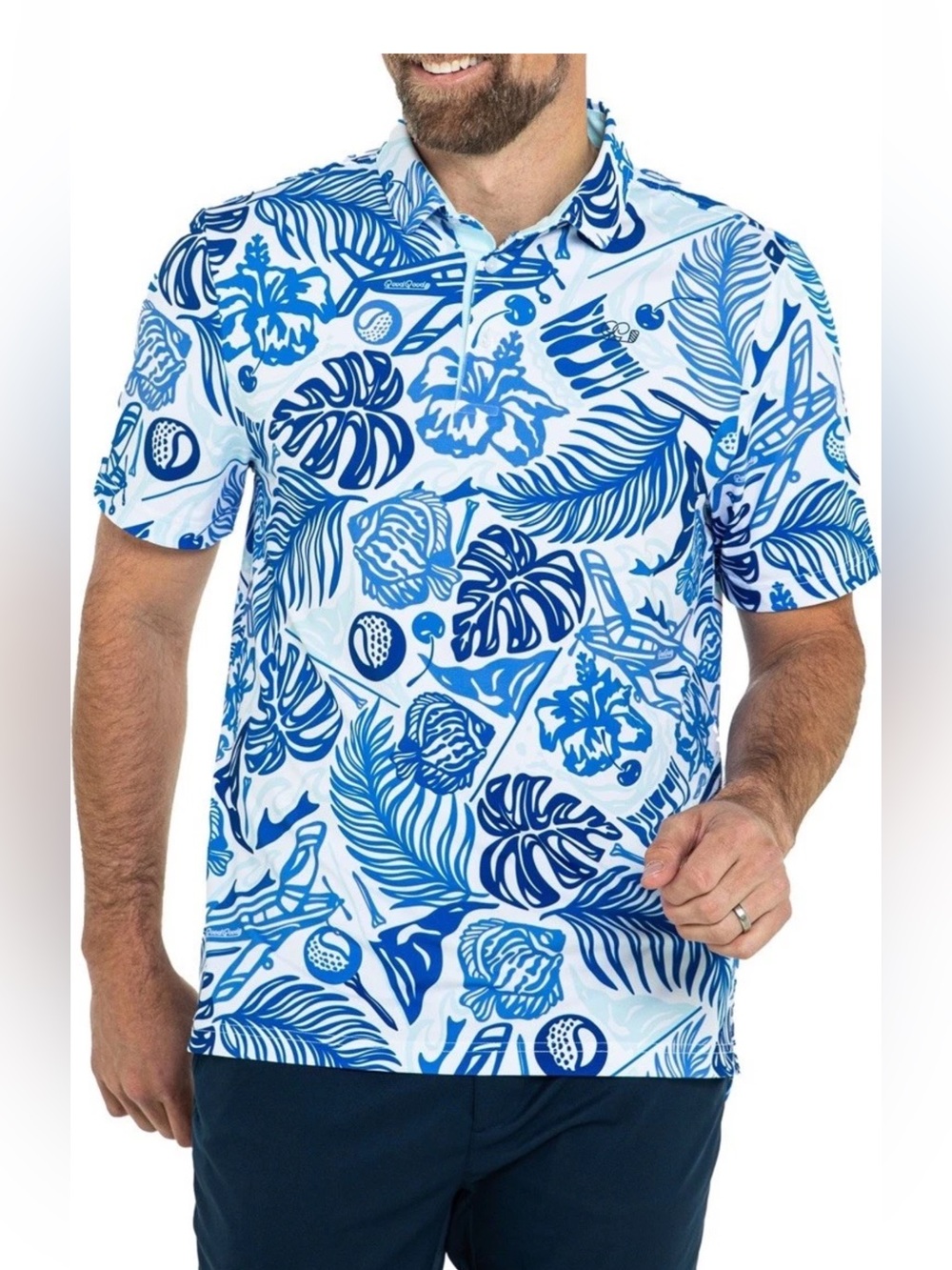 NWT Men's Blue Tropical Print Golf Polo Shirt Sz M - Approach Me $75